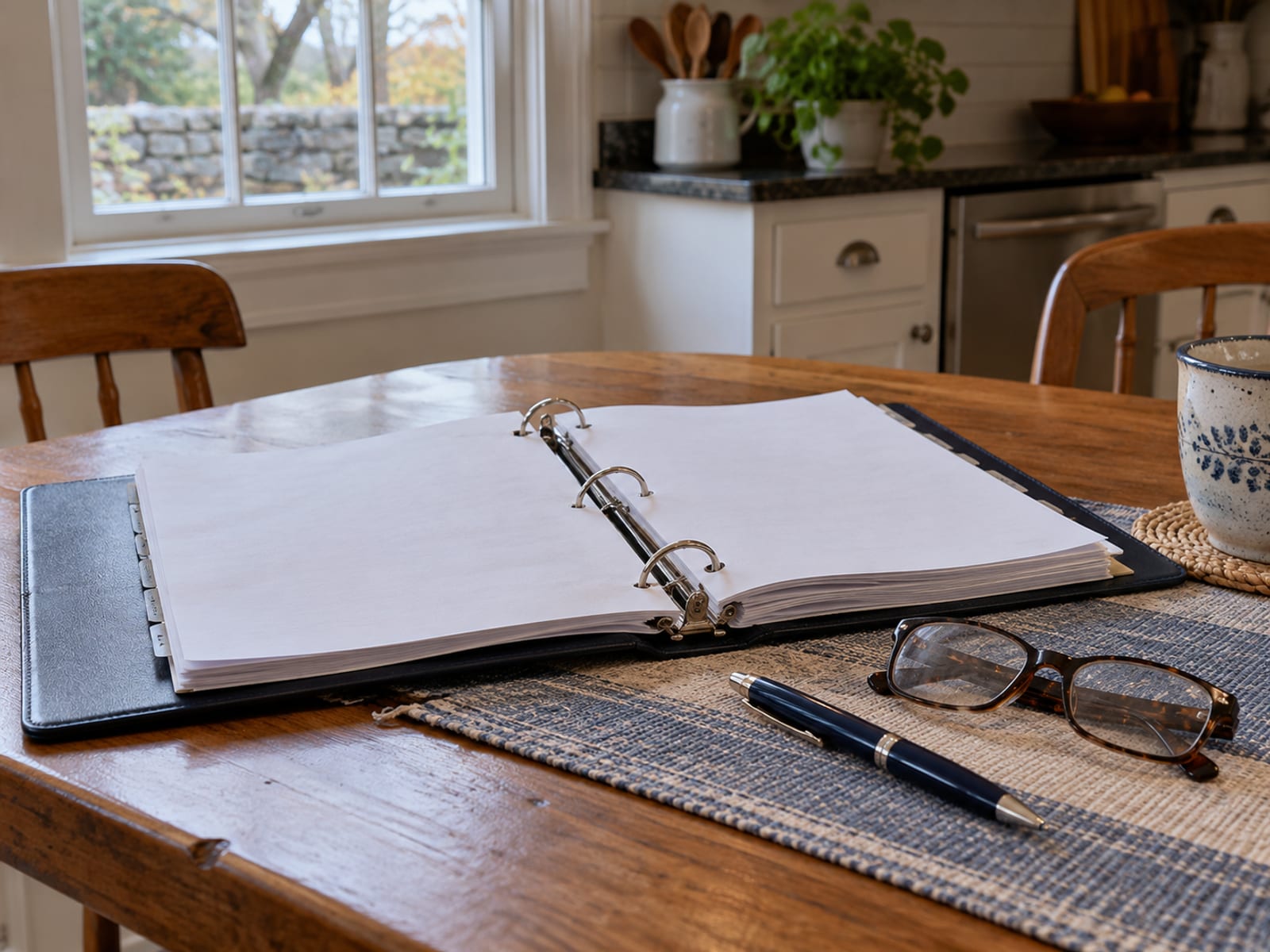 A binder of blank policy pages open on a kitchen table with a pen and reading glasses