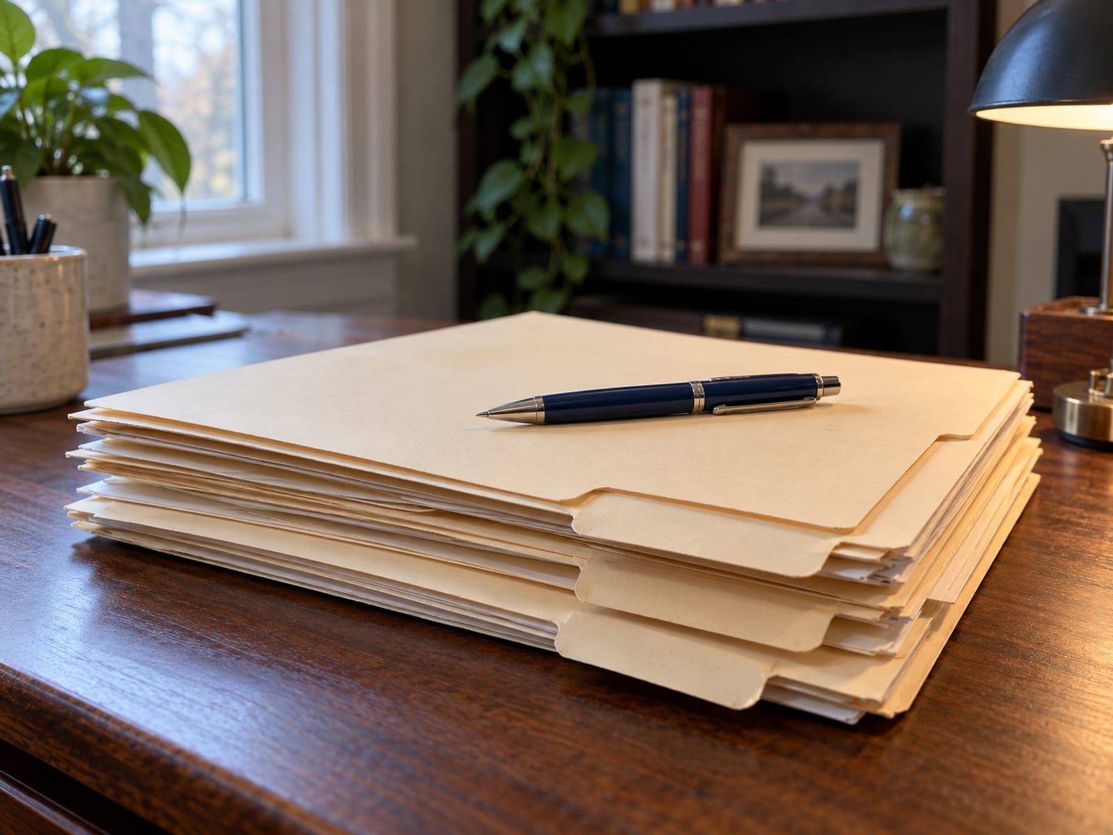A neat stack of blank document folders beside a pen on a desk