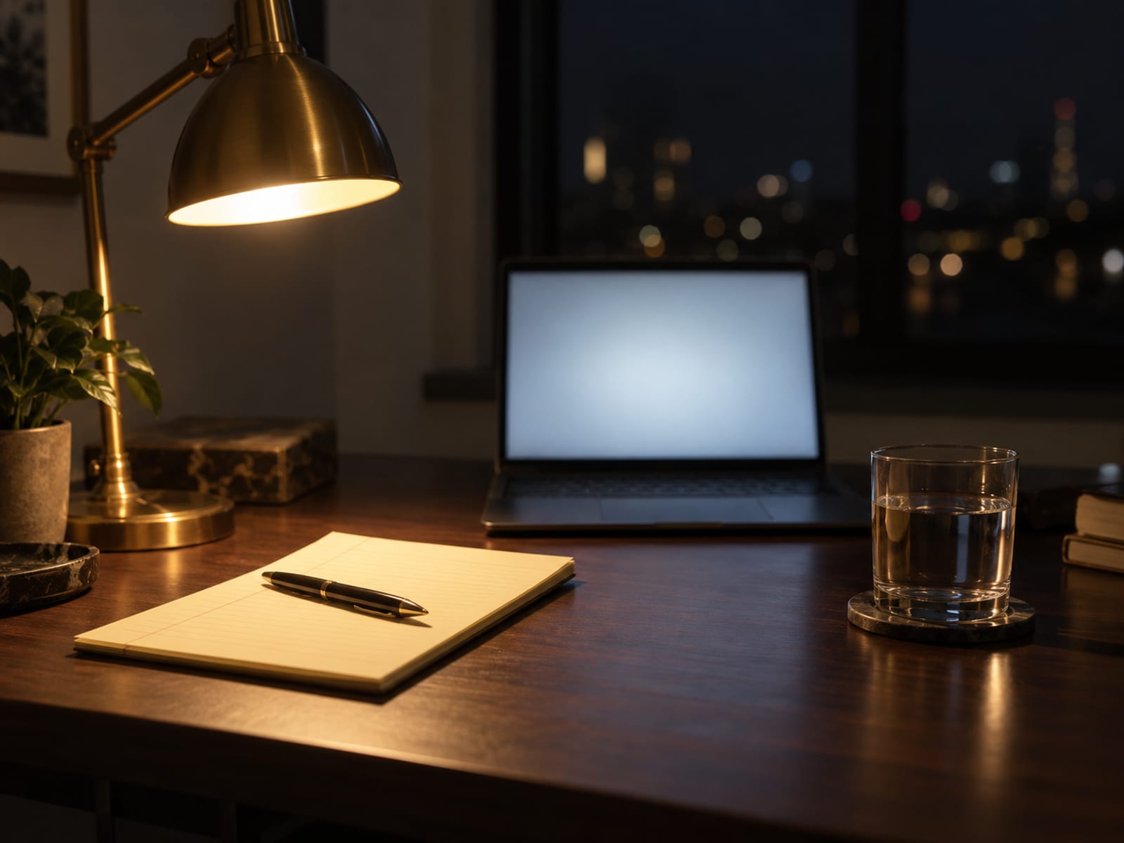 Un espacio de trabajo de oficina de noche, con una lámpara de escritorio encendida y una laptop abierta junto a una libreta
