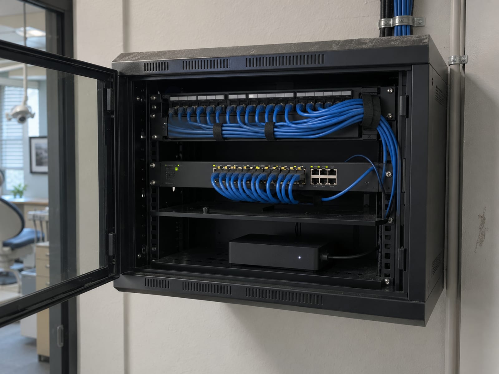 Un gabinete de red montado en la pared con cables azules ordenados en haces y un pequeño disco de respaldo externo