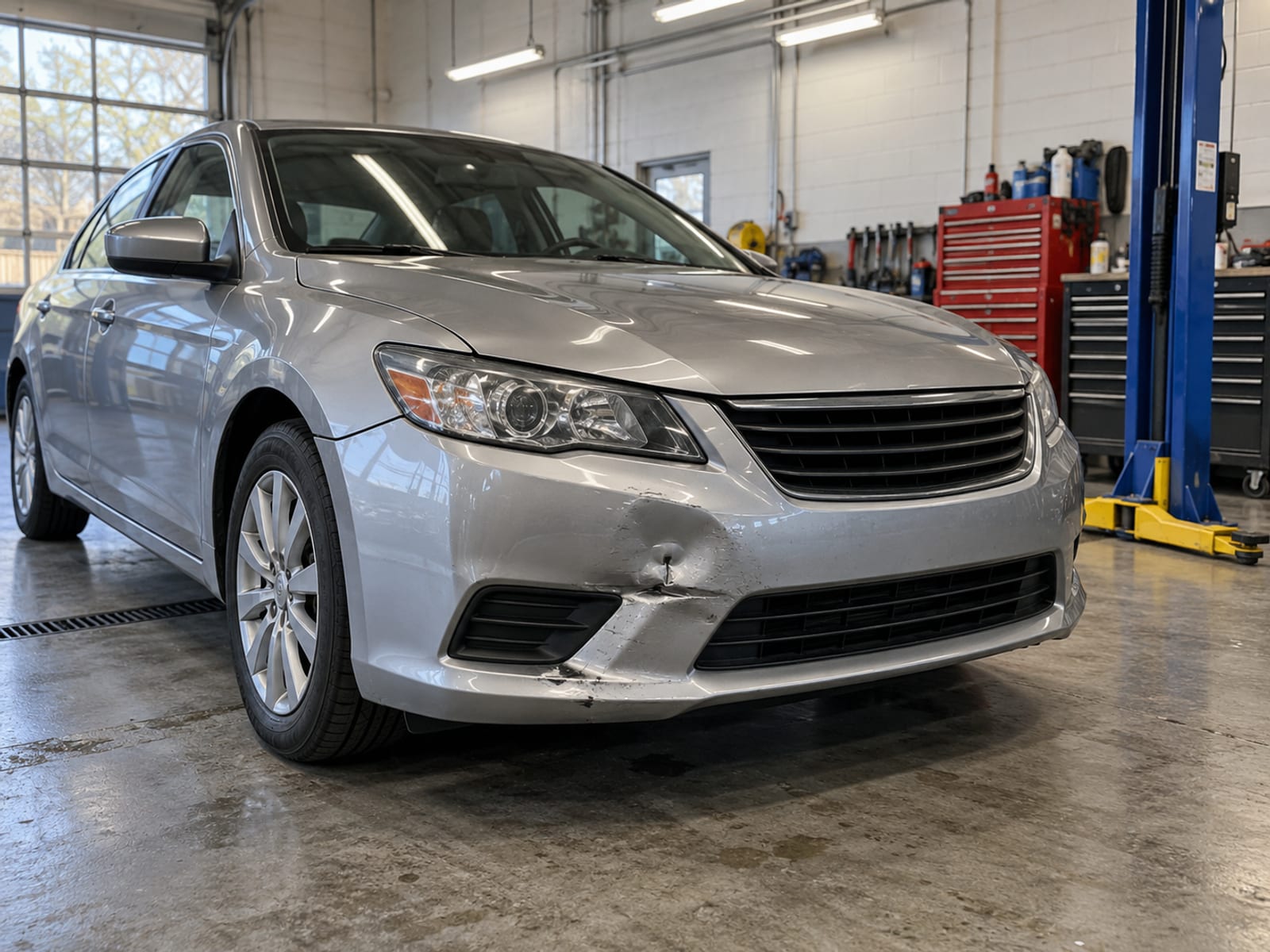 A dented front bumper on a parked sedan inside a repair shop bay
