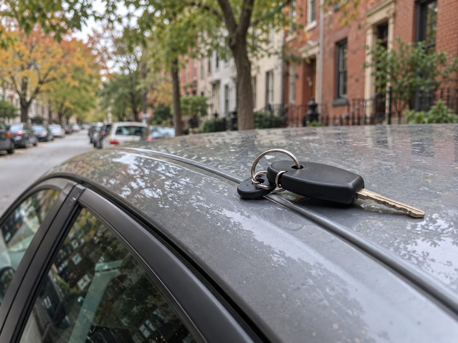 A set of car keys resting on a parked car in a driveway