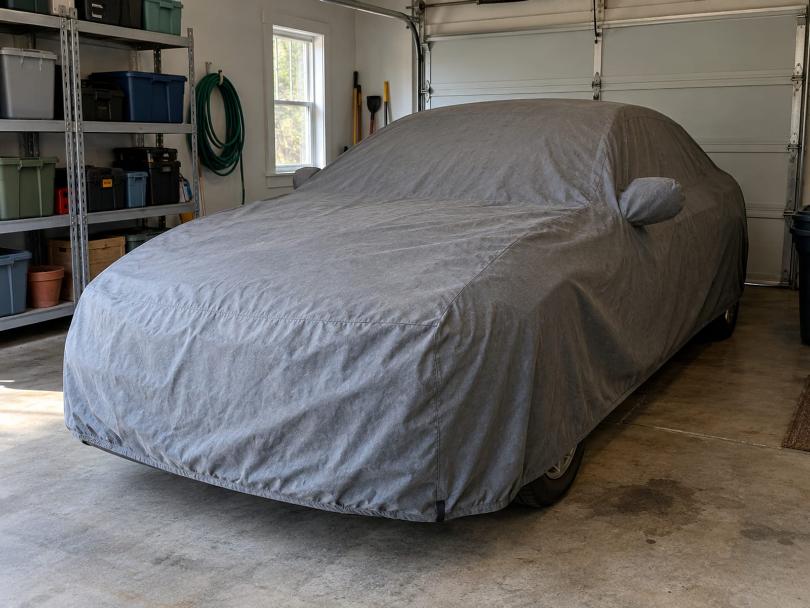 A car under a fitted cloth cover in a tidy home garage