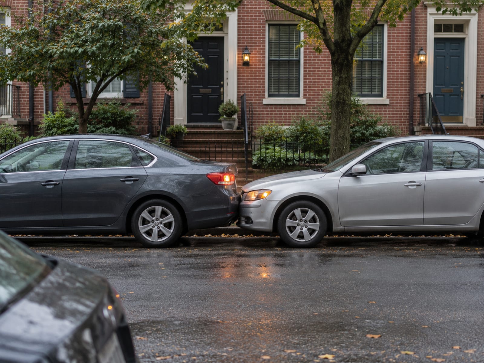 Two cars stopped at the curb of a city street after a minor fender bender