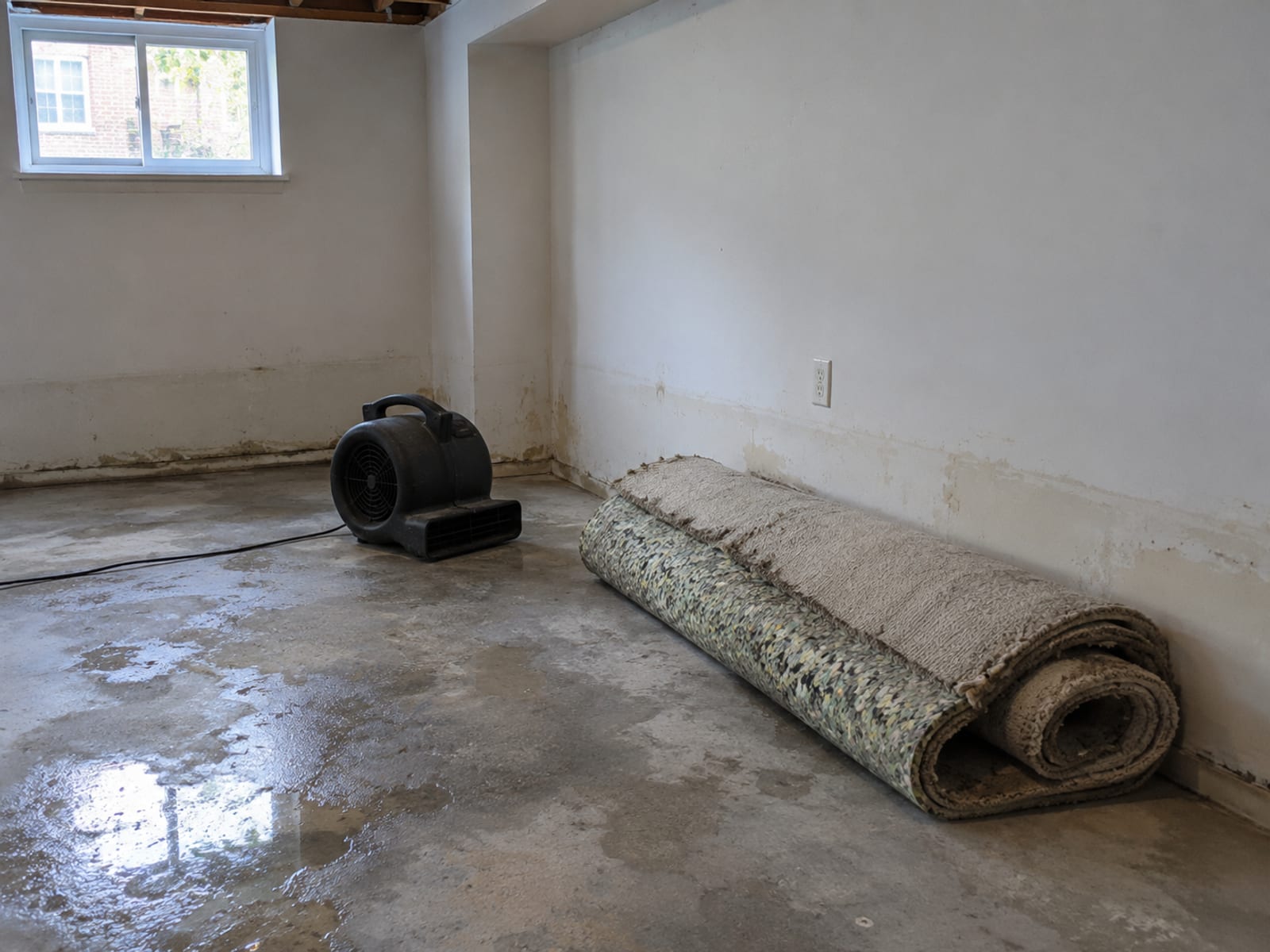 Rolled-up wet carpet beside a box fan in an emptied ground-floor room with a damp floor