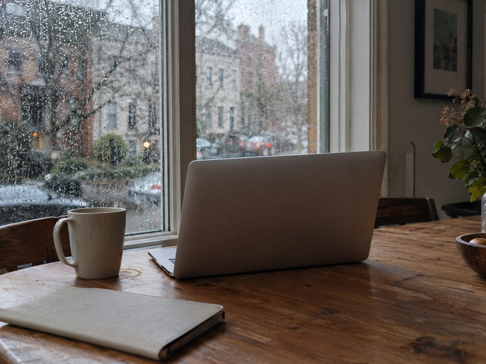 A laptop and a notepad on a wooden desk beside a window with rain running down the glass