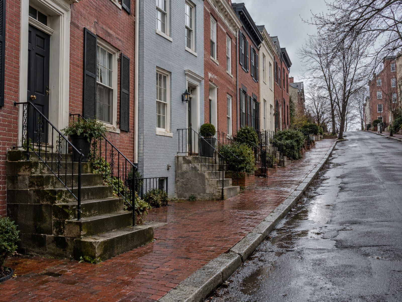 A row of brick houses with front steps along a wet street after a rainstorm