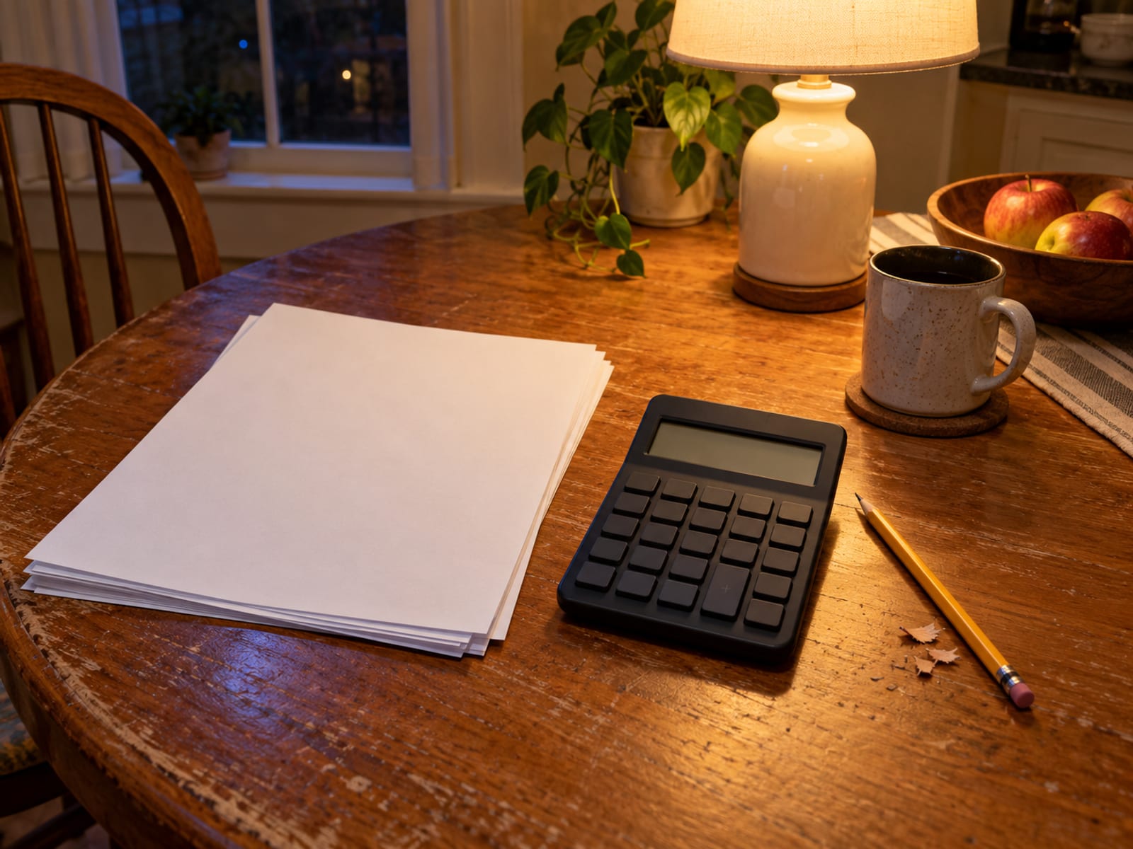 Una calculadora, un lápiz y un montón de hojas en blanco sobre la mesa de una cocina