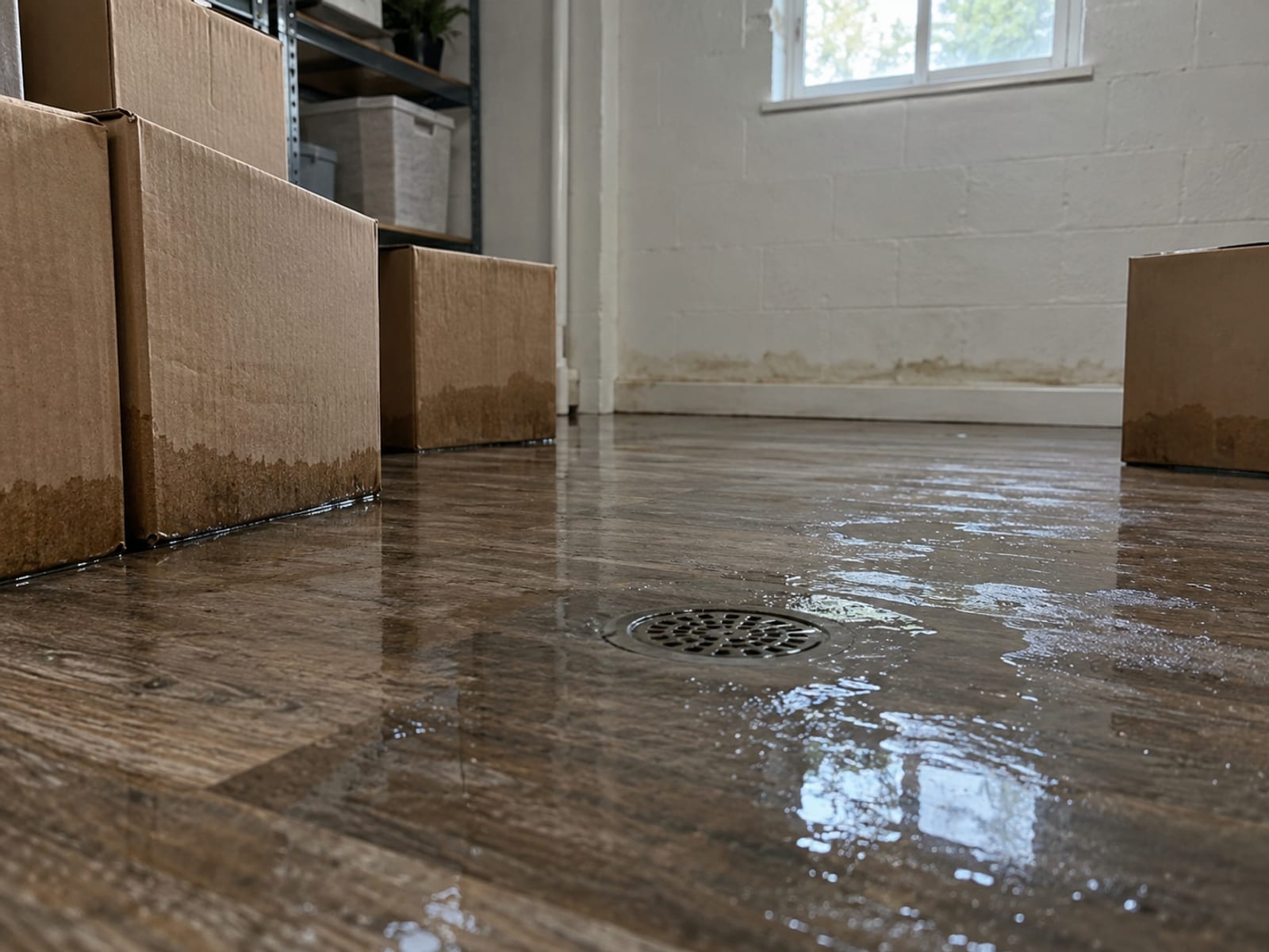 Water pooling on a finished basement floor near a floor drain and a stack of boxes