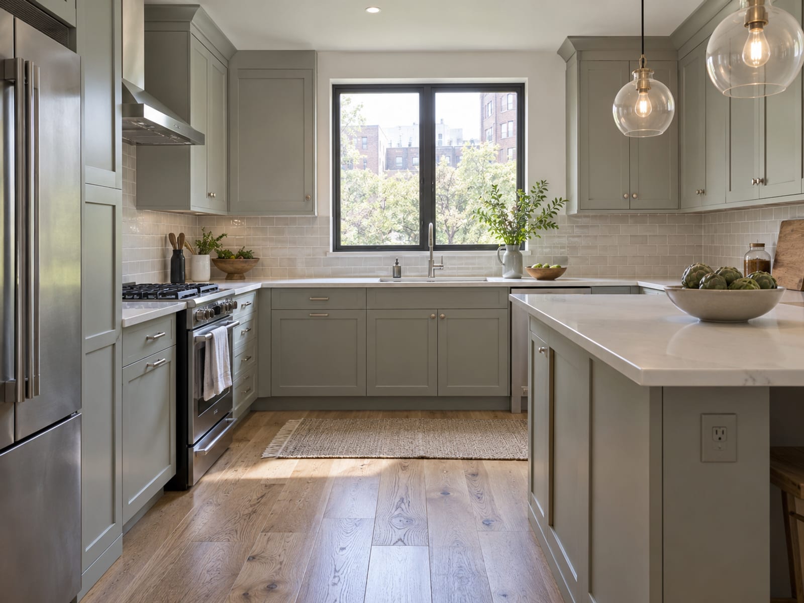 A renovated condo kitchen with new cabinets and wood flooring in an apartment building