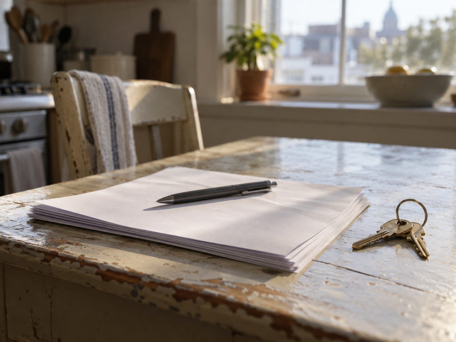 A blank mortgage document, a pen and a set of house keys on a kitchen table