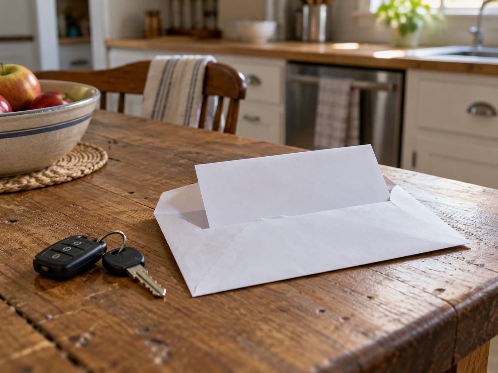 An opened envelope and a folded sheet of paper on a kitchen table beside a set of car keys