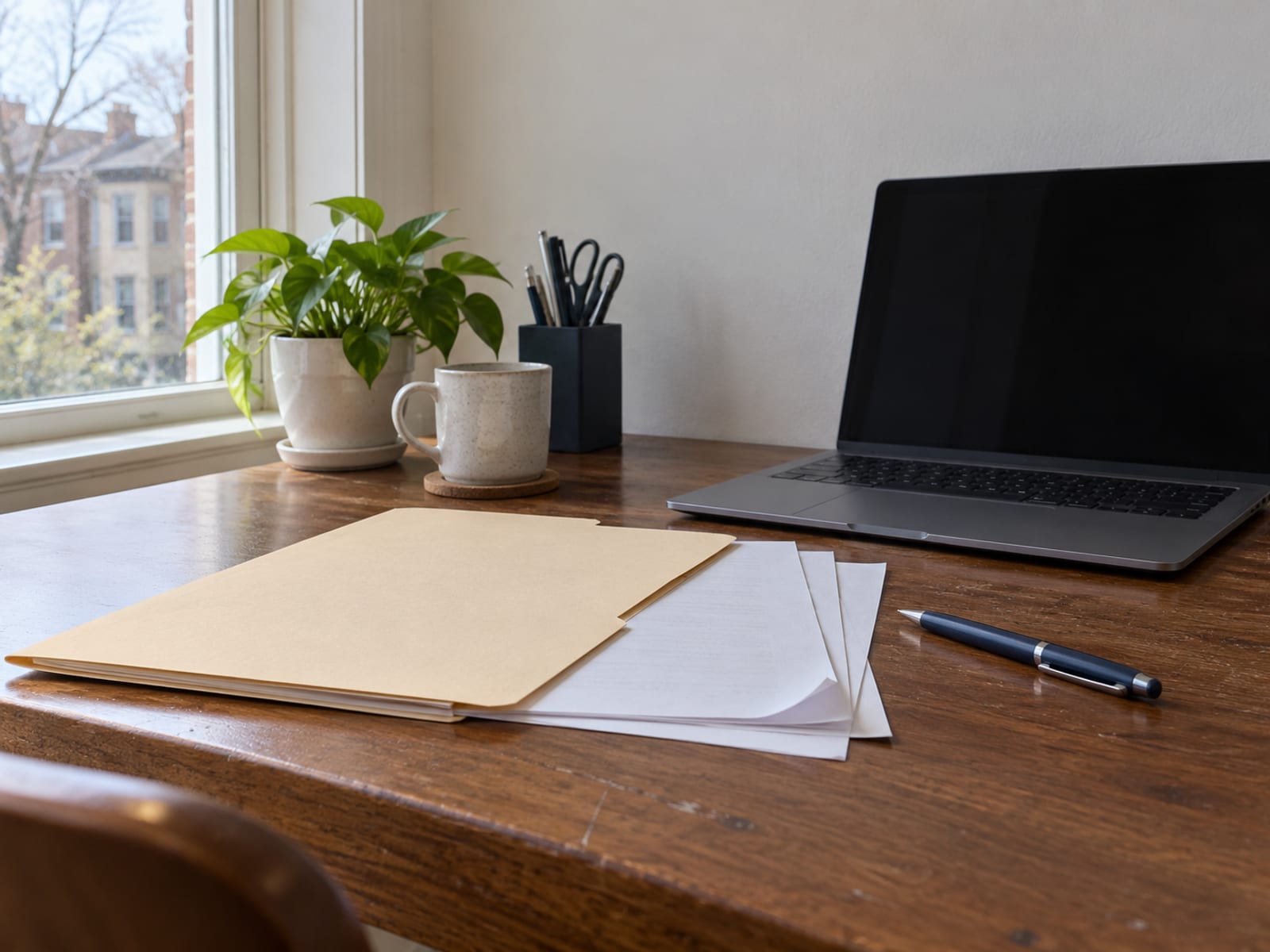 A policy folder, a few loose papers and a pen on a desk beside a laptop with a dark screen