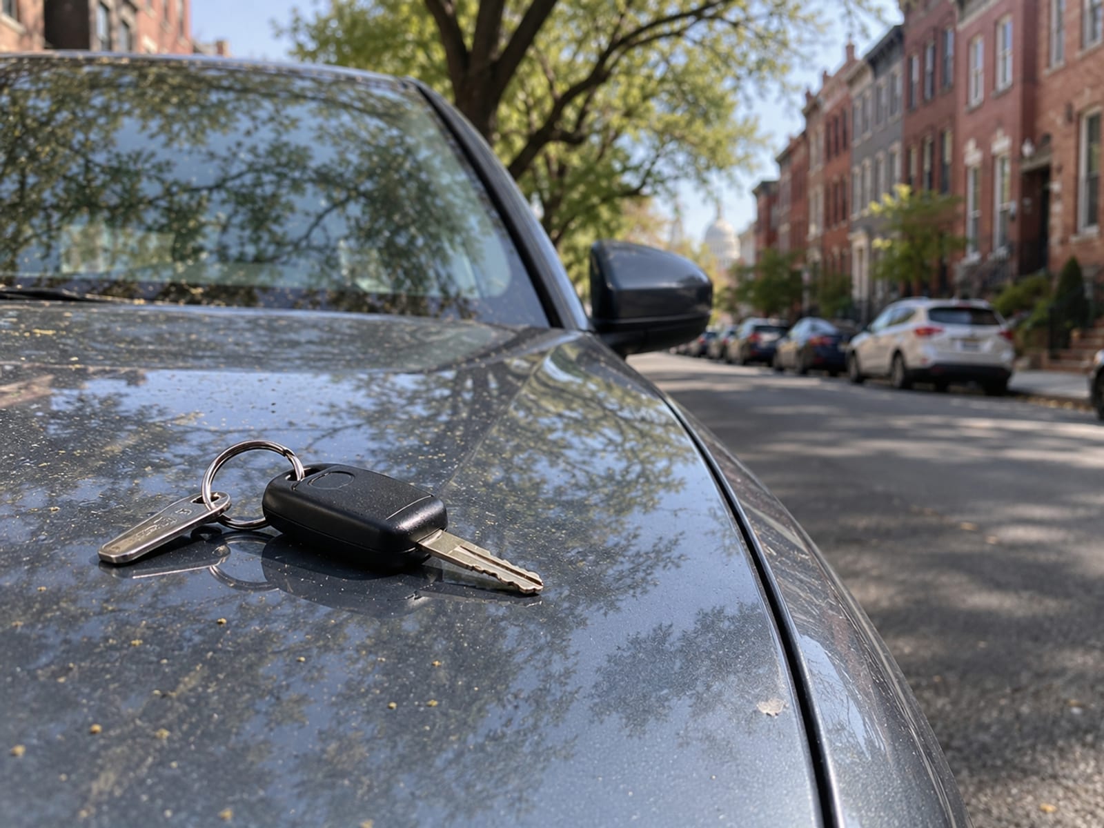 A set of car keys on a plain key ring resting on the hood of a parked car
