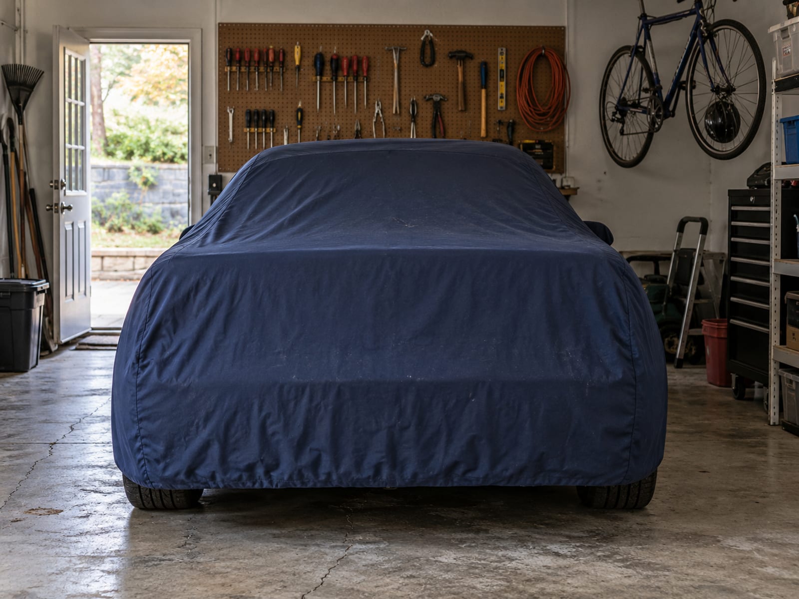 A car under a fitted cloth cover in a tidy home garage