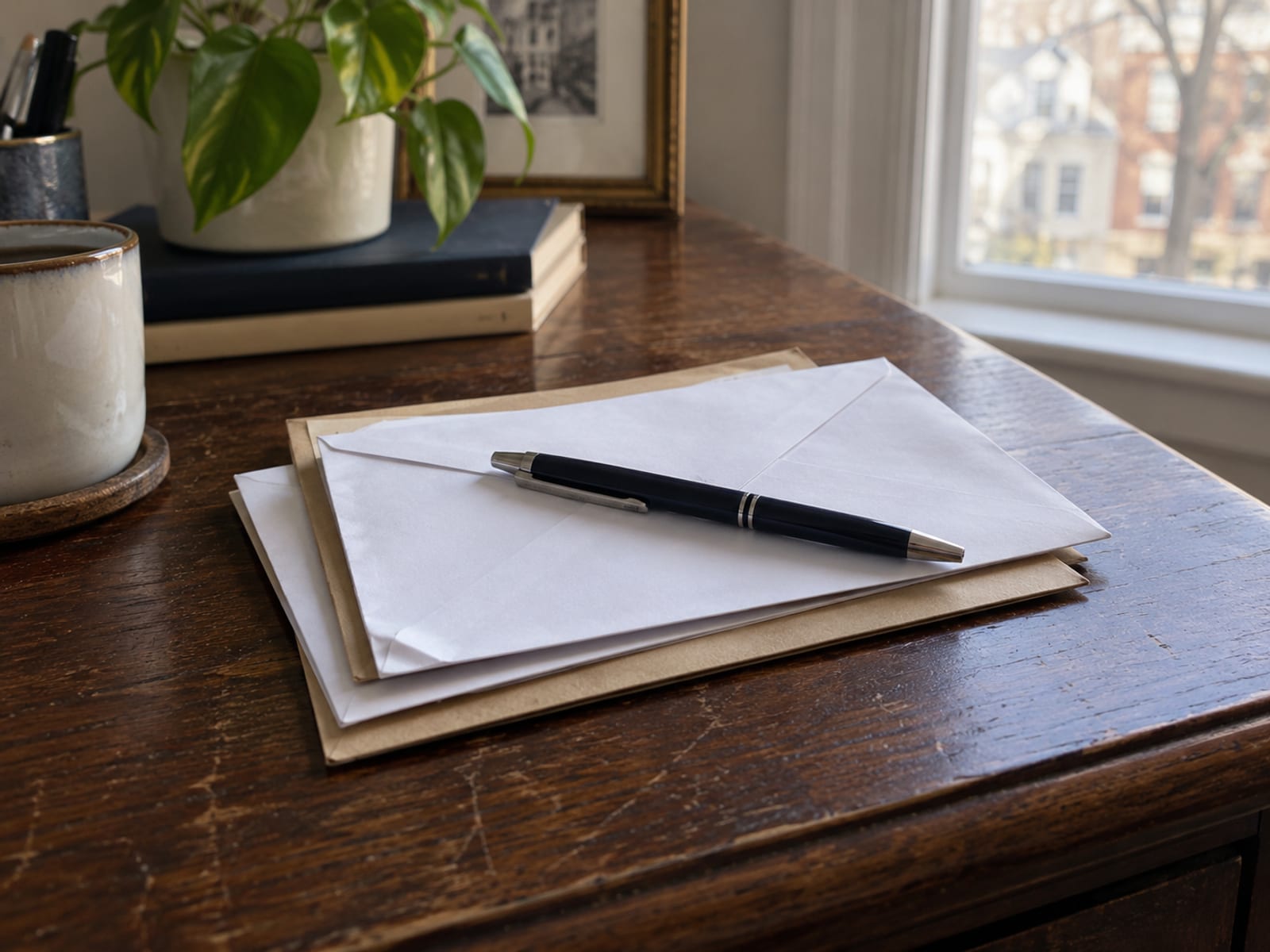 A small stack of plain envelopes and a pen on a wooden desk
