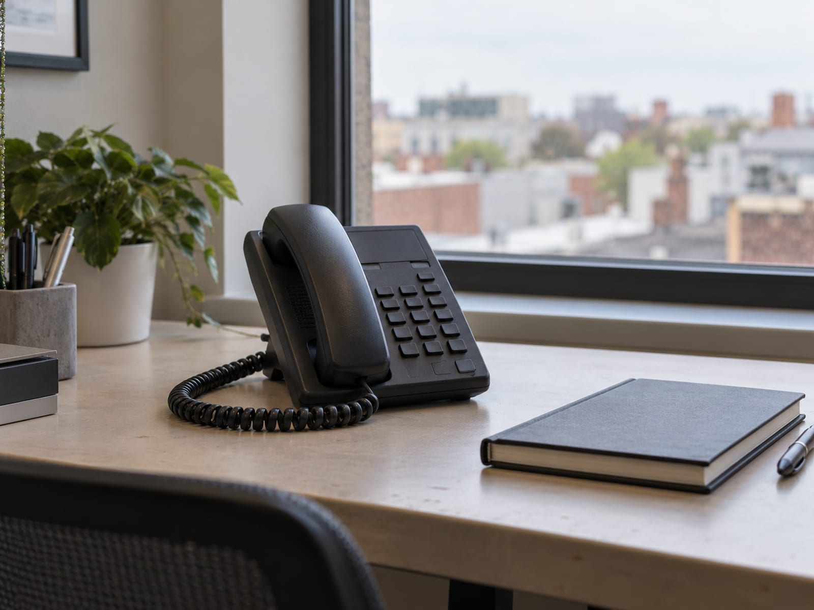 A desk telephone and a closed notebook on an office desk by a window