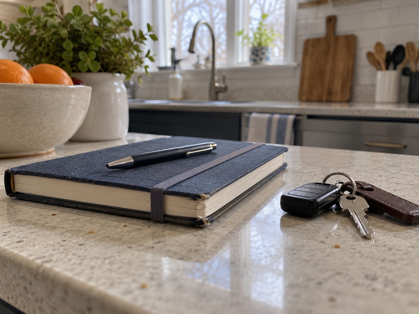 A closed desk planner, a pen and a set of car keys on a kitchen counter