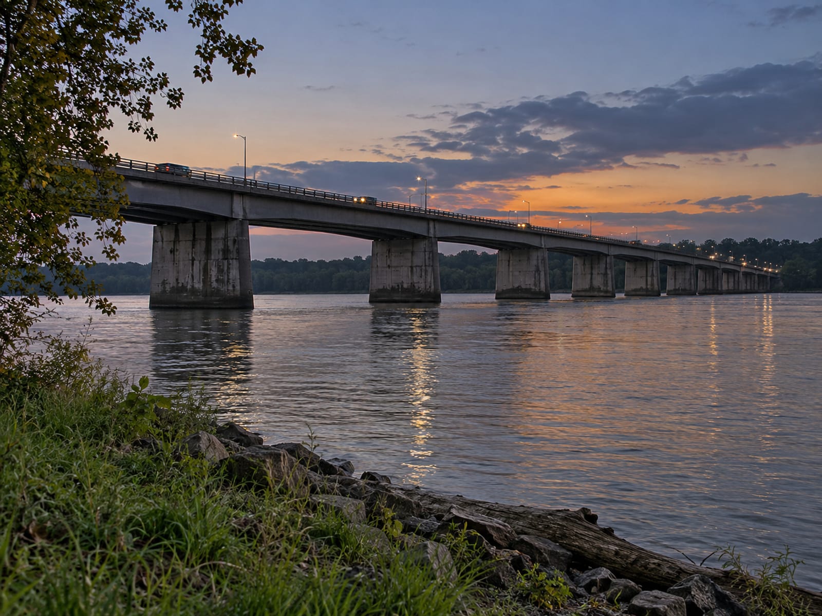 A highway bridge crossing a wide river with light traffic at dusk