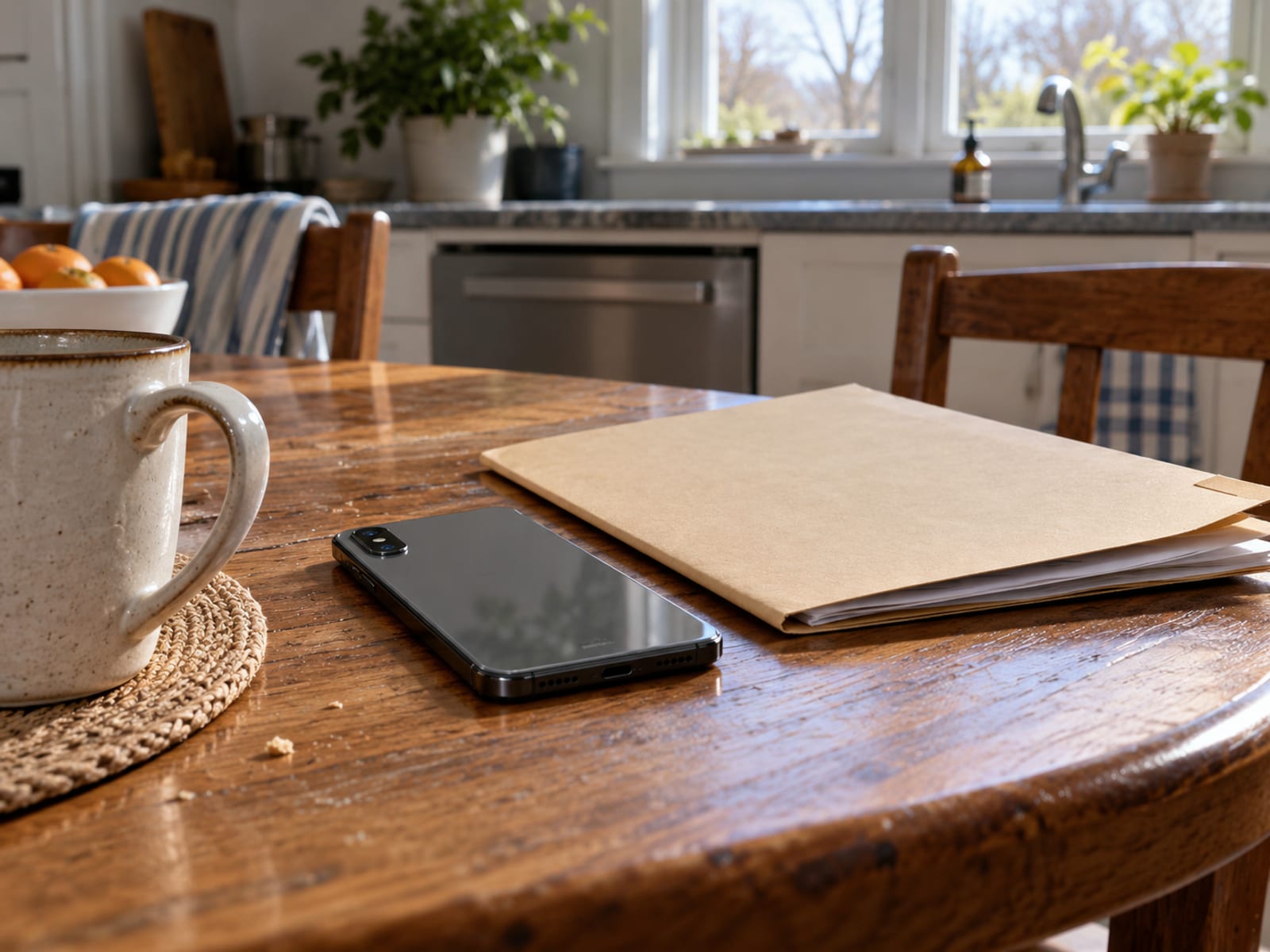 A smartphone and a closed folder on a kitchen table in morning light