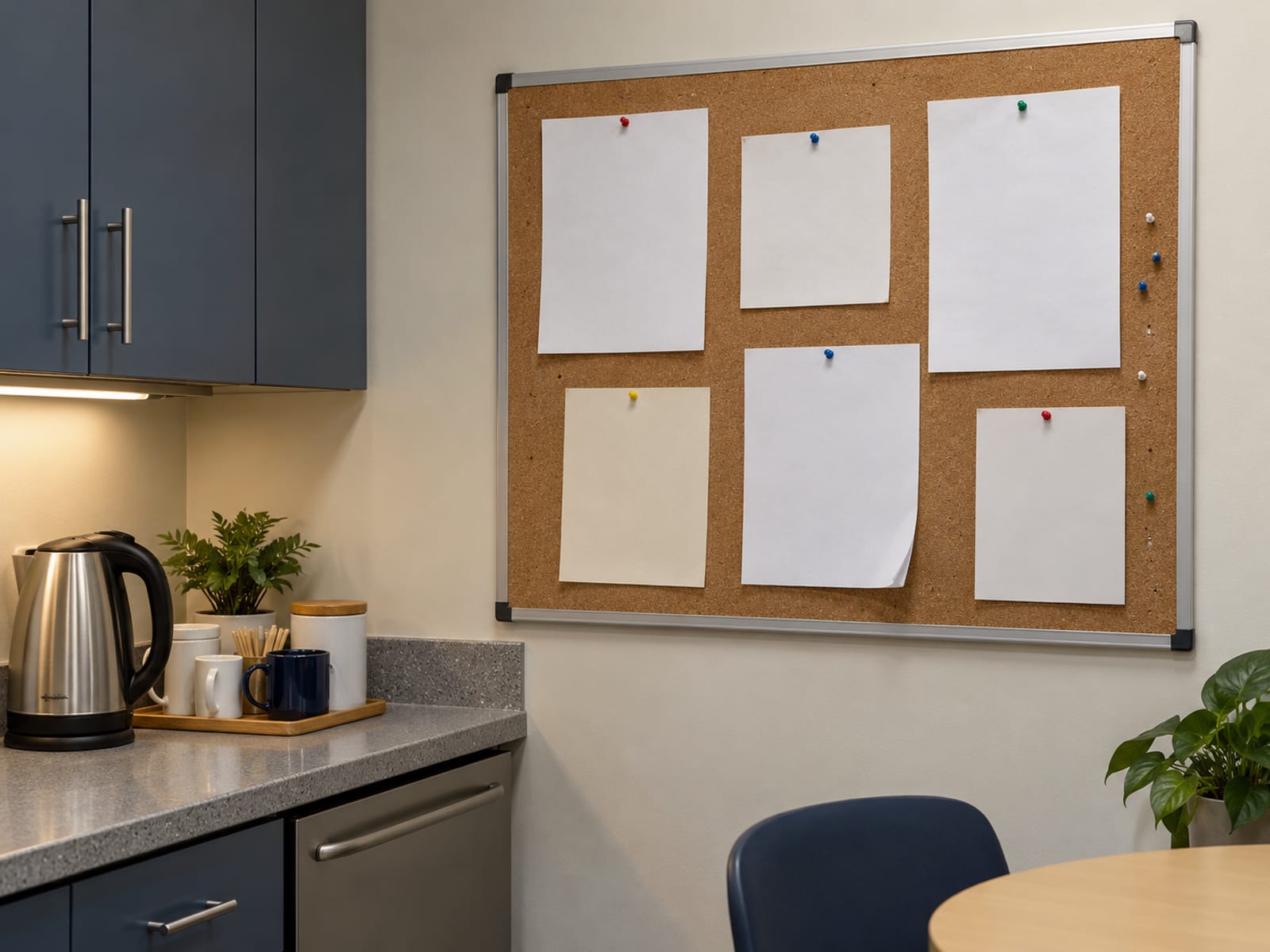 A corkboard with blank notices pinned to it in a small office break room