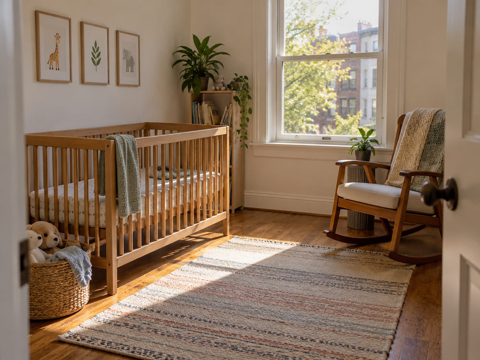 A sunlit nursery with an empty crib and a rocking chair