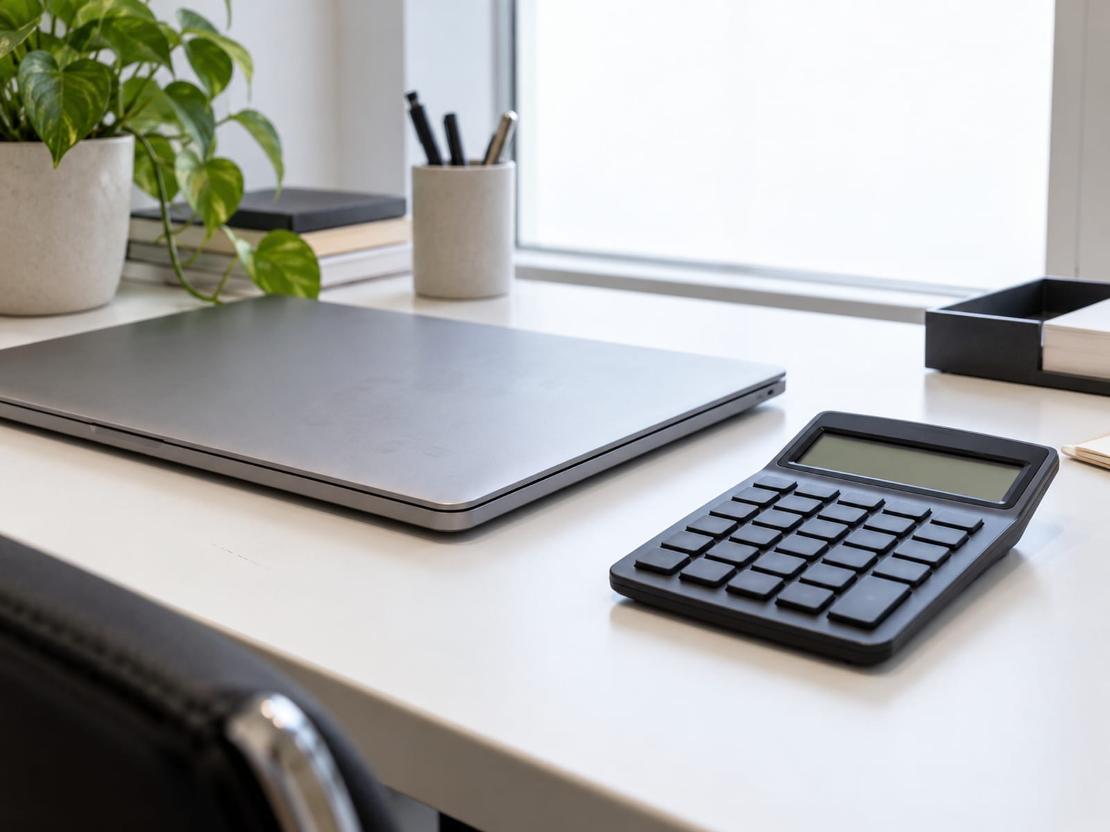 A closed laptop and a calculator on a tidy office desk by a window