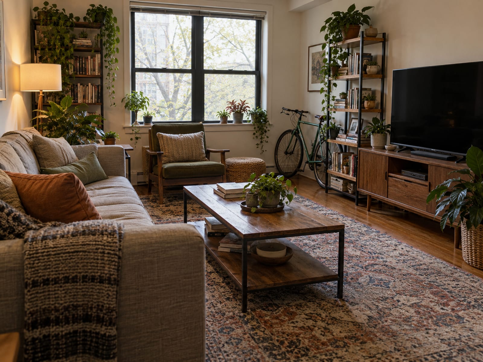 A furnished apartment living room with a sofa, a bookshelf, a laptop and a bicycle against the wall