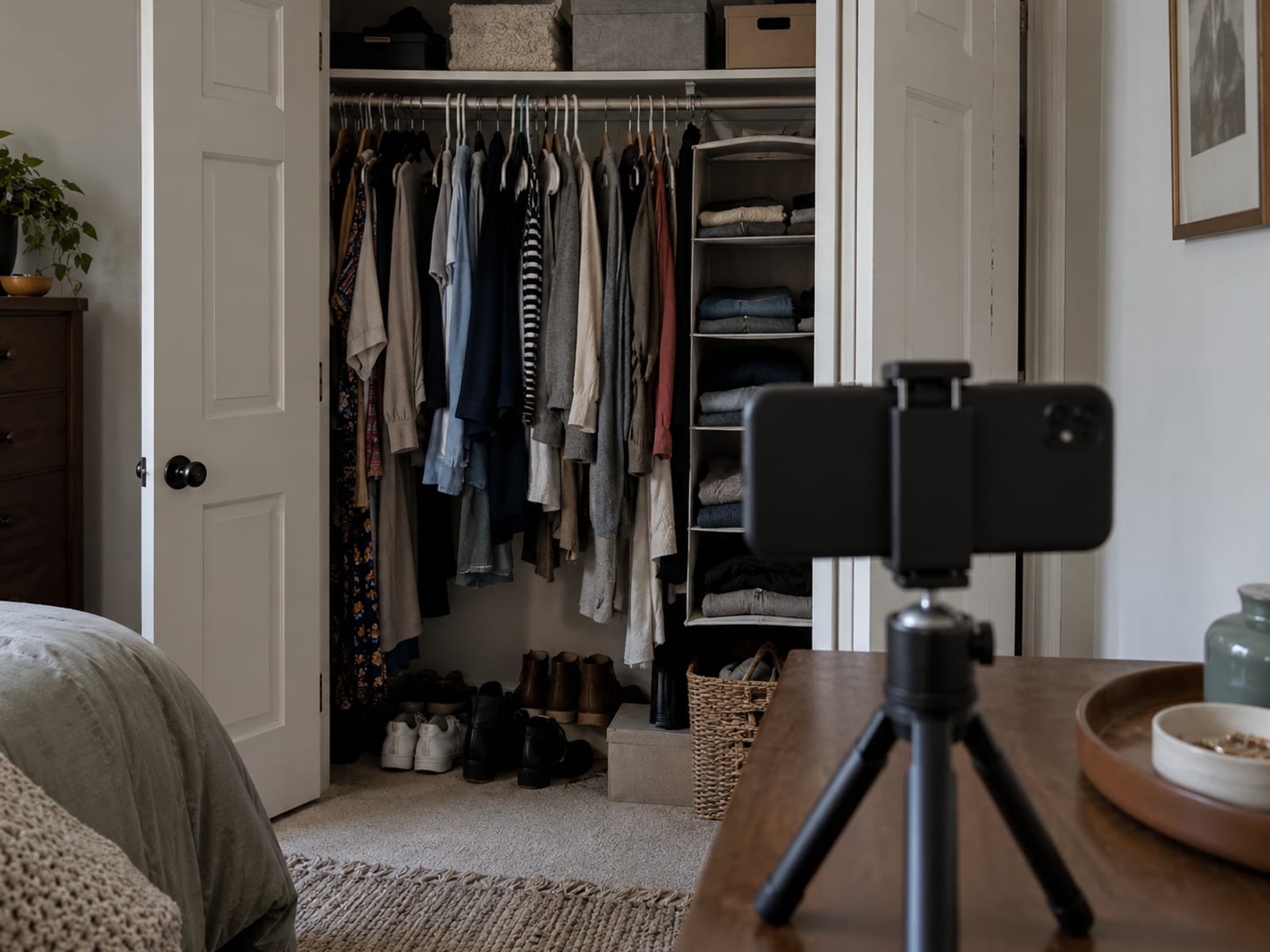 A phone on a small tripod aimed at an open closet of hanging clothes and stacked boxes