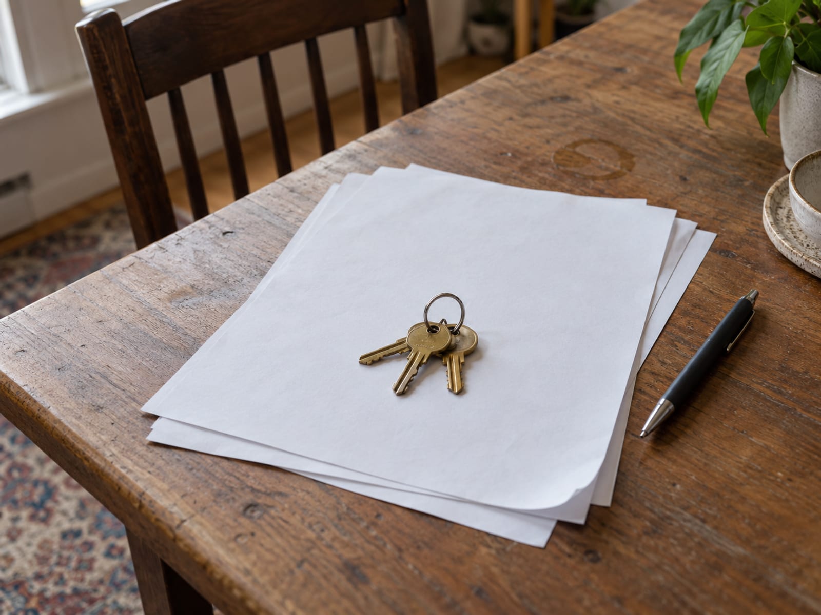A blank lease document, a pen and a ring of apartment keys on a wooden table