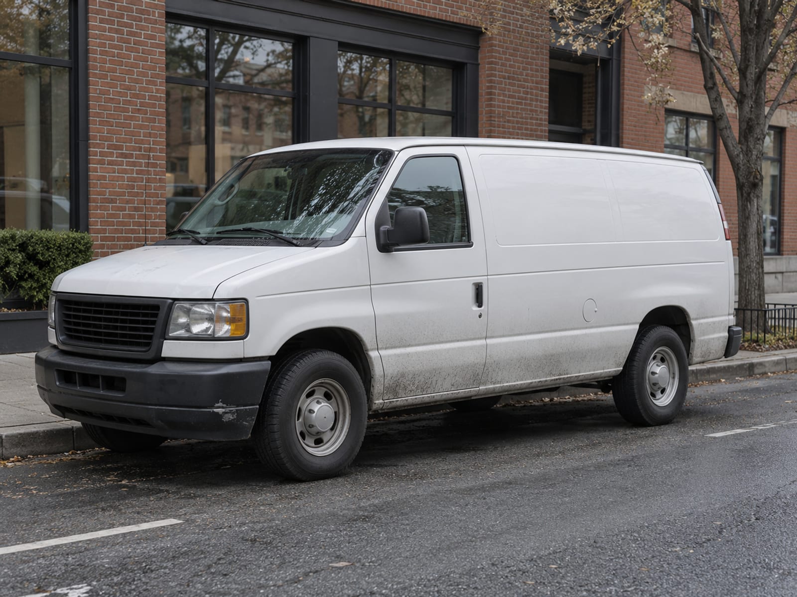 An unmarked white cargo van parked along a city curb on a clear day