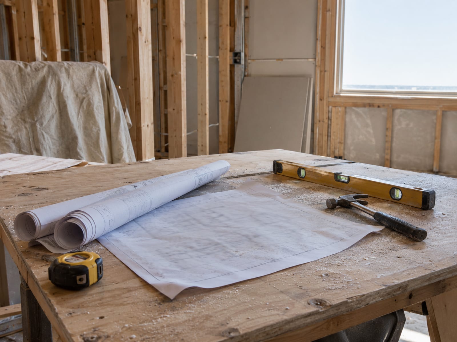 Rolled plans, a level and a tape measure on a wooden table at a renovation site