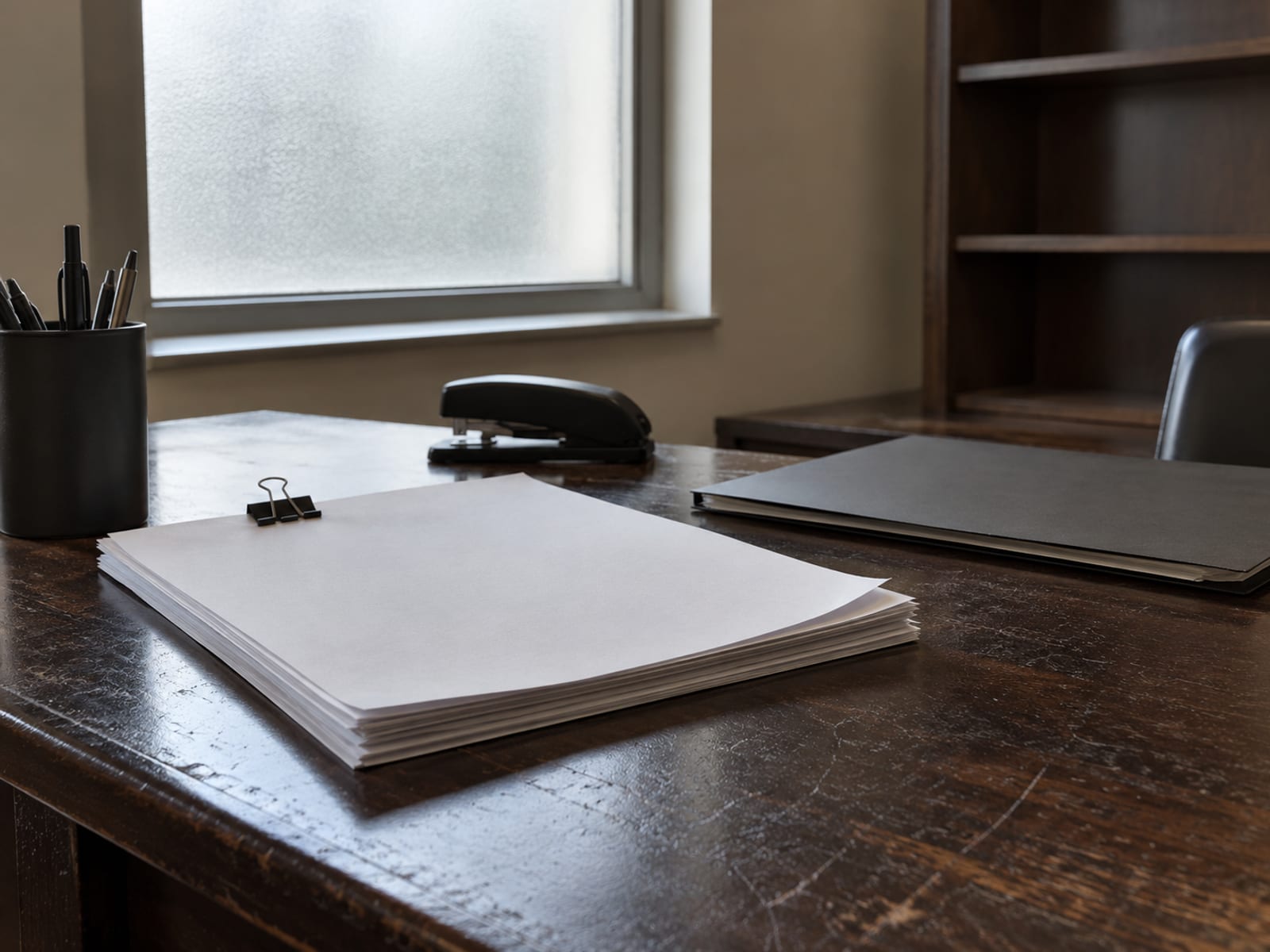 A closed folder, a stack of blank papers and a pen on an office desk