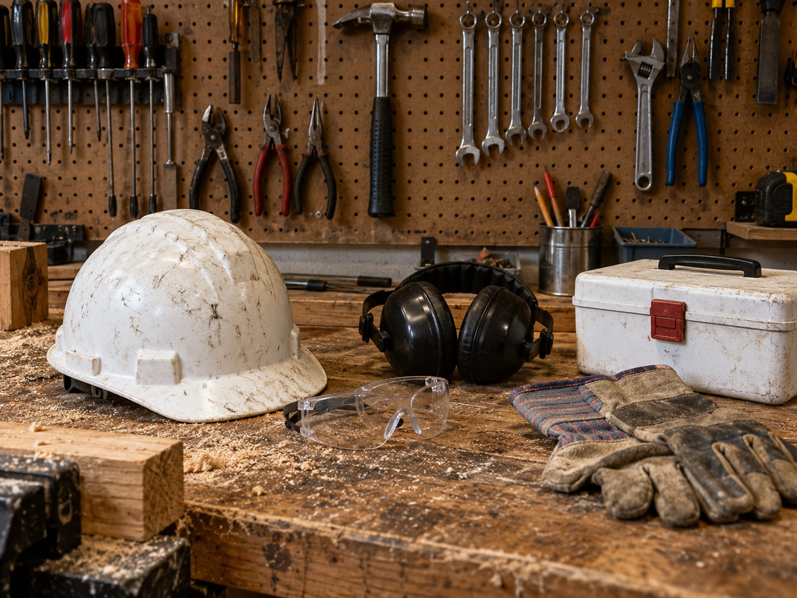 A hard hat, work gloves and a tape measure on a plywood workbench
