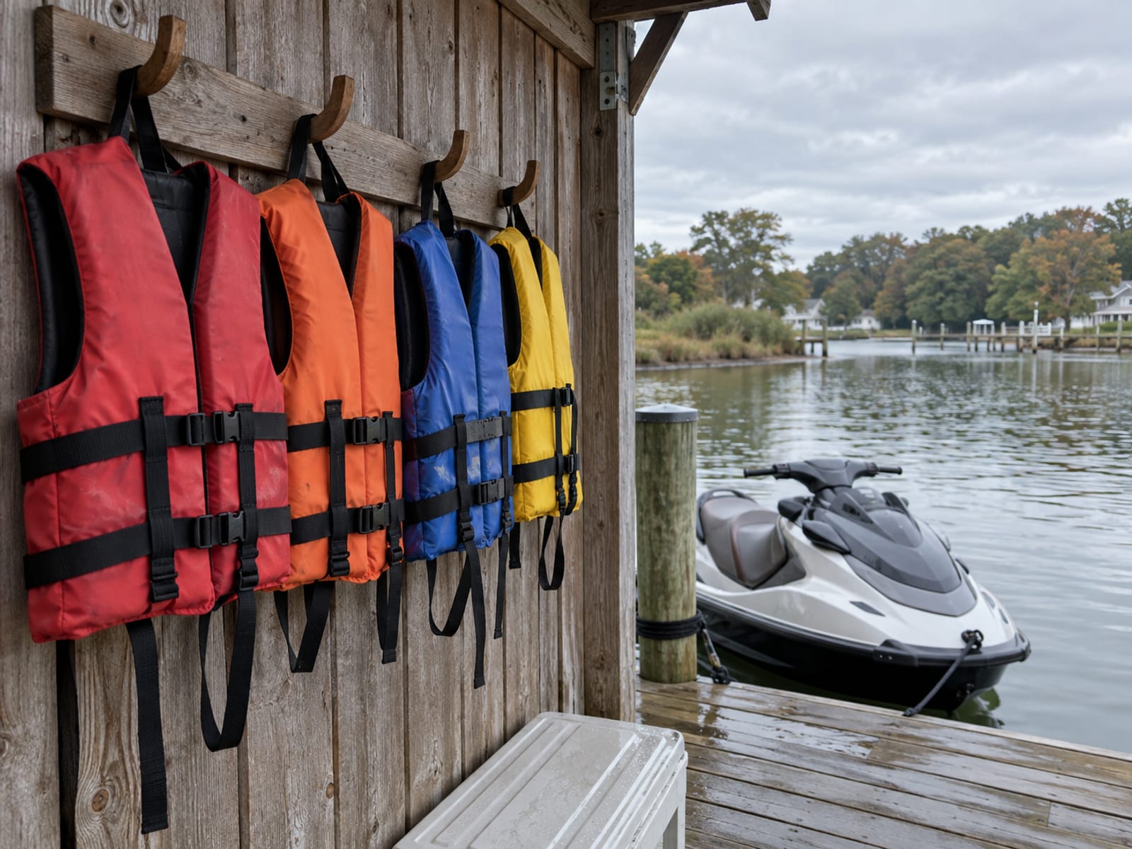 Life jackets hanging on hooks beside a personal watercraft tied at a quiet dock