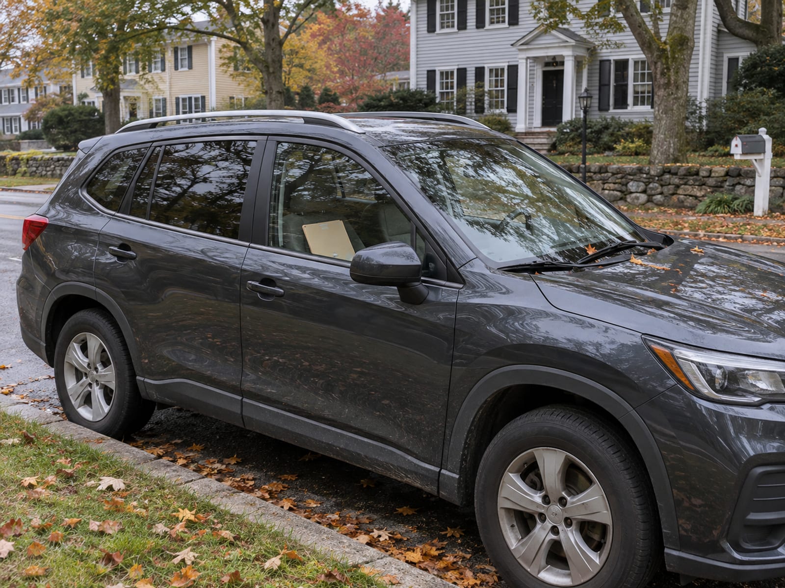A compact SUV parked on a quiet suburban street with a closed folder of blank finance papers on the passenger seat