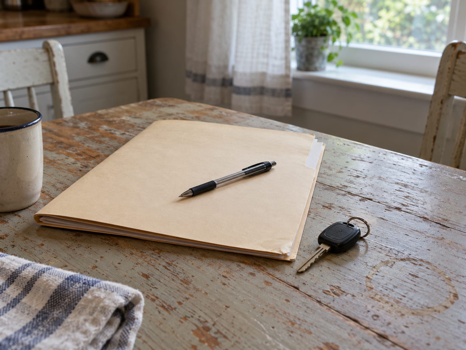A closed folder of blank insurance papers, a pen and a car key on a kitchen table