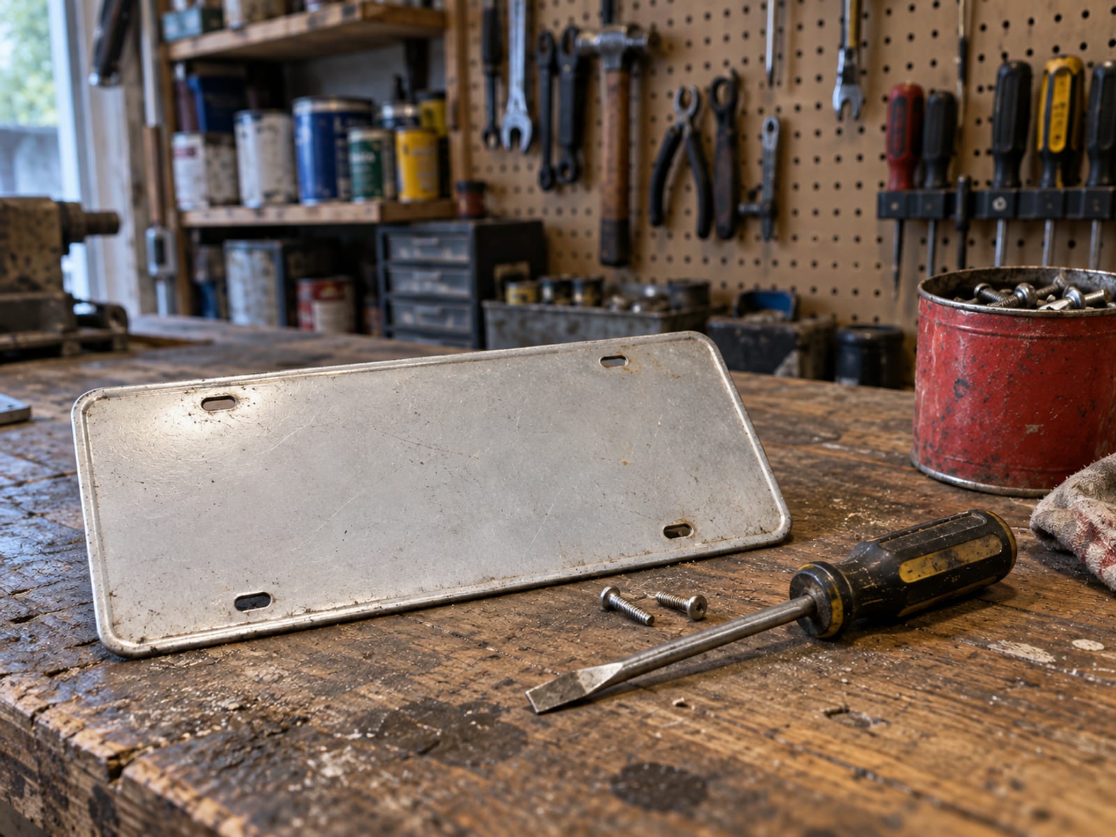 A single license plate and a screwdriver resting on a garage workbench