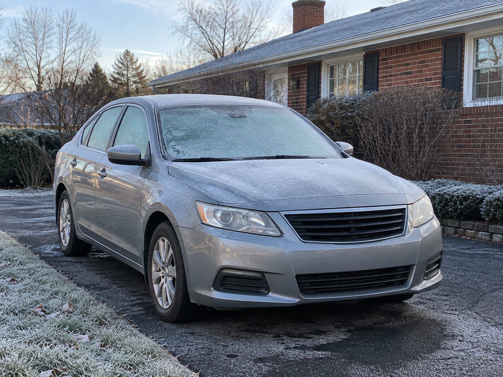 A sedan parked in a residential driveway with a light frost on its windshield
