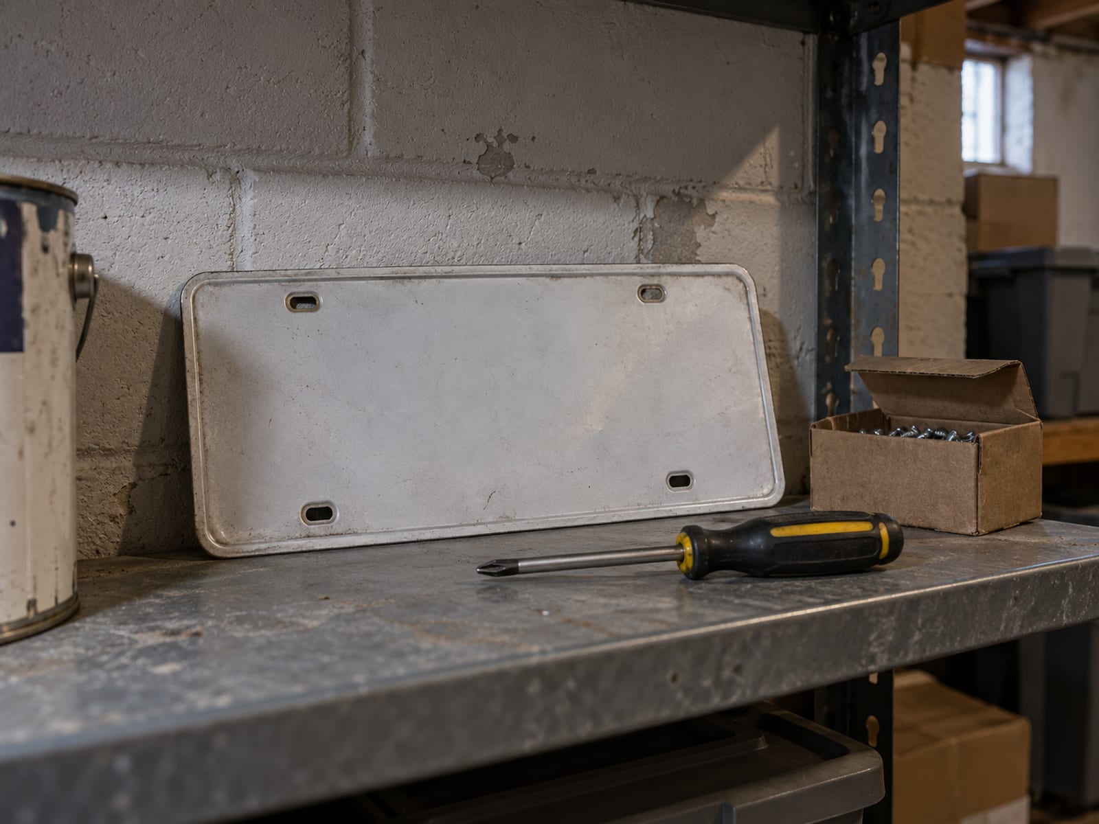 A single blank license plate and a screwdriver resting on a garage workbench