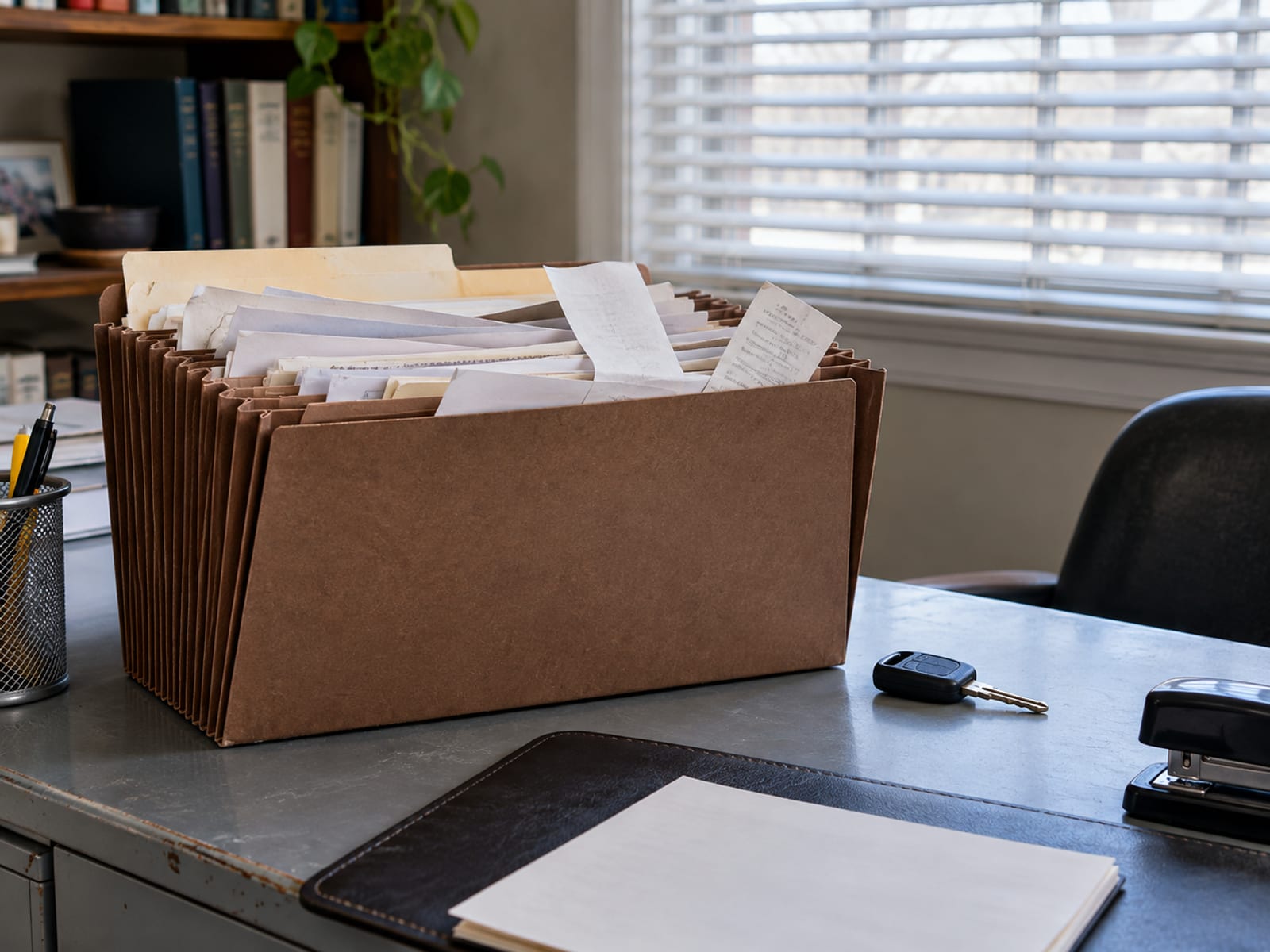 An accordion file folder of blank papers and receipts on a desk beside a car key