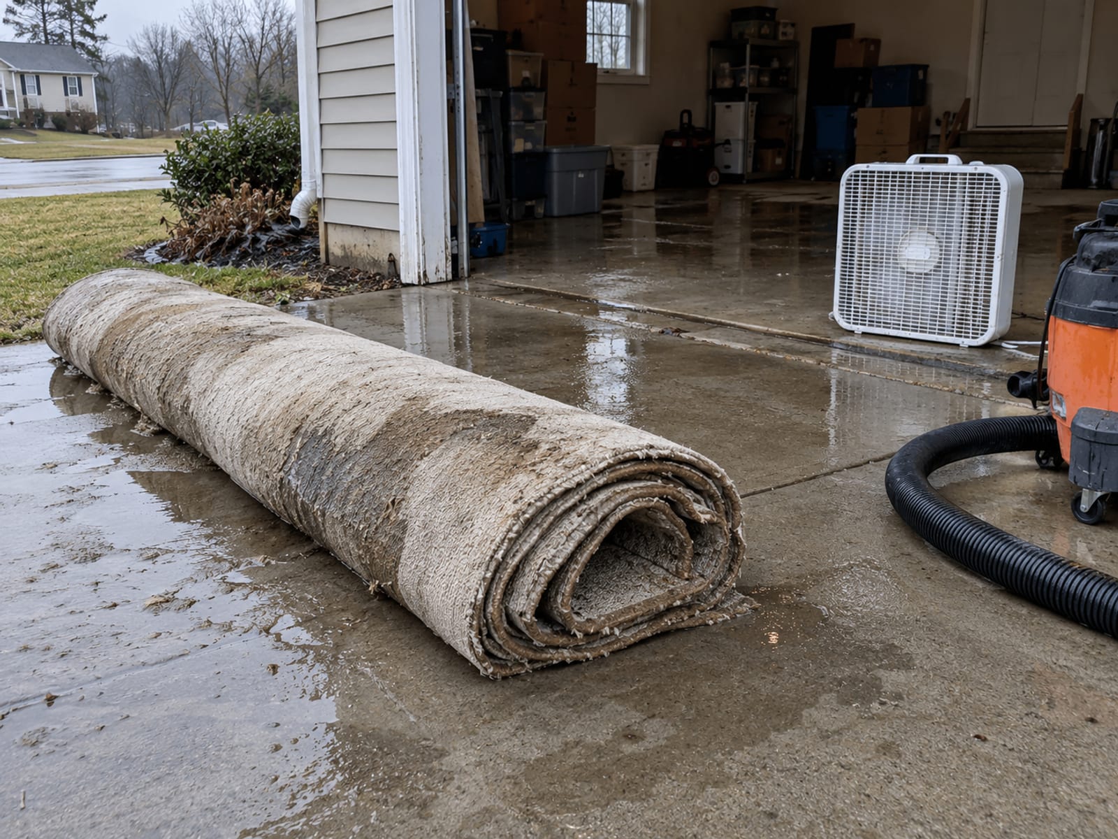 Rolled-up wet carpet and a box fan outside a home's open garage after a flood