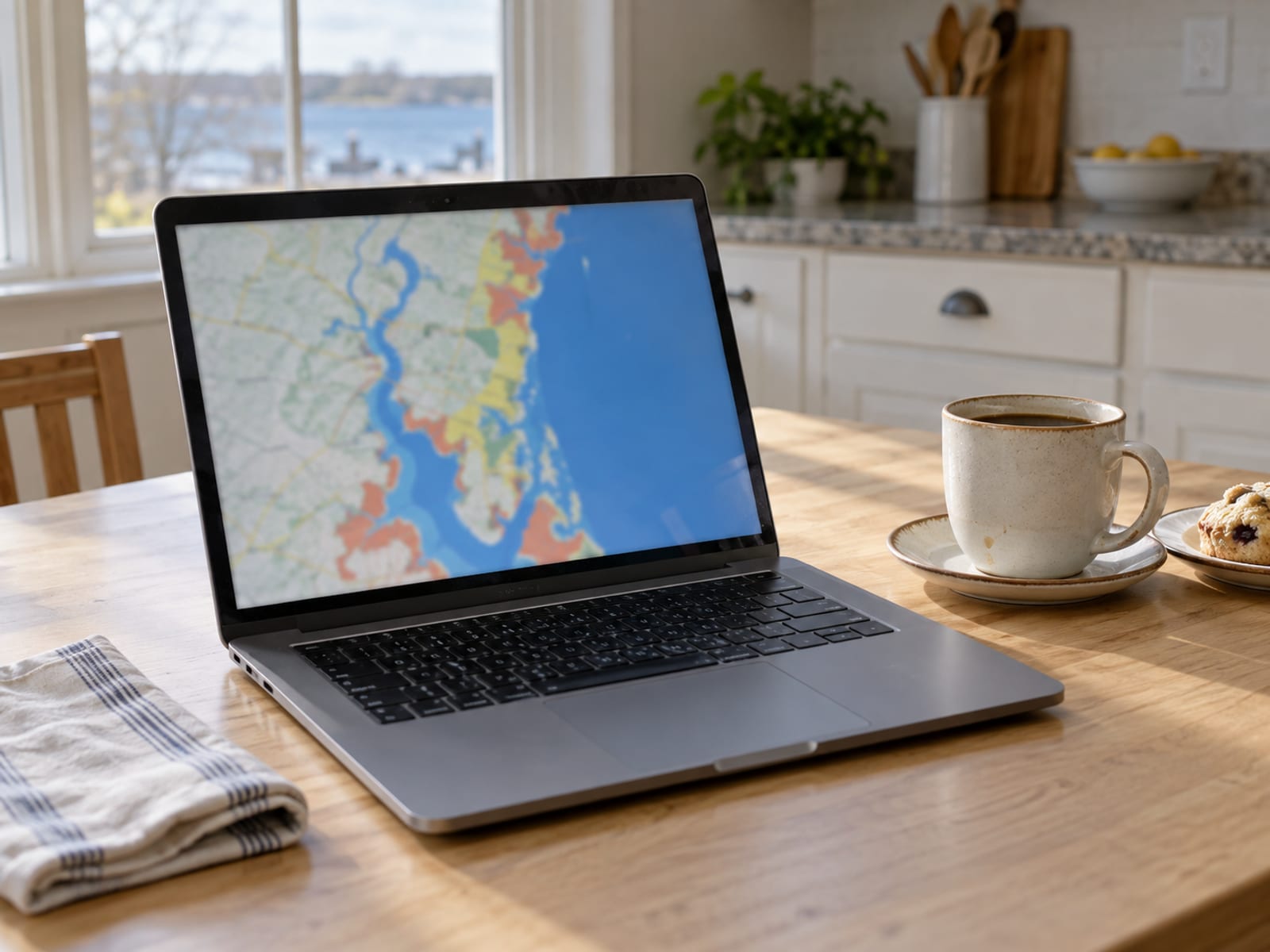 A laptop on a kitchen table showing a blurred, colored map of a coastline beside a cup of coffee