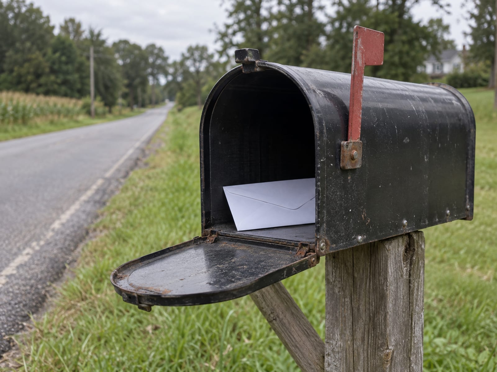 A mailbox at the end of a driveway with its door open and a single envelope inside