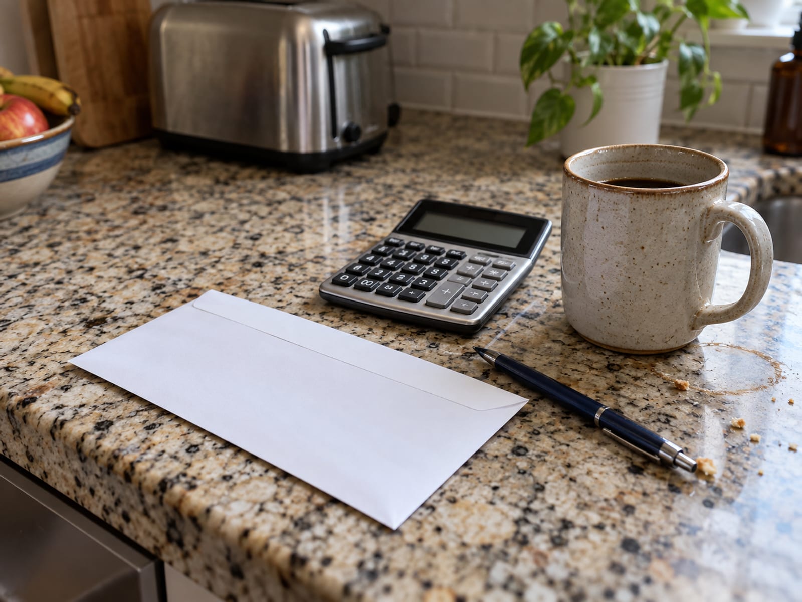 A renewal envelope, a pen and a calculator on a kitchen counter beside a mug