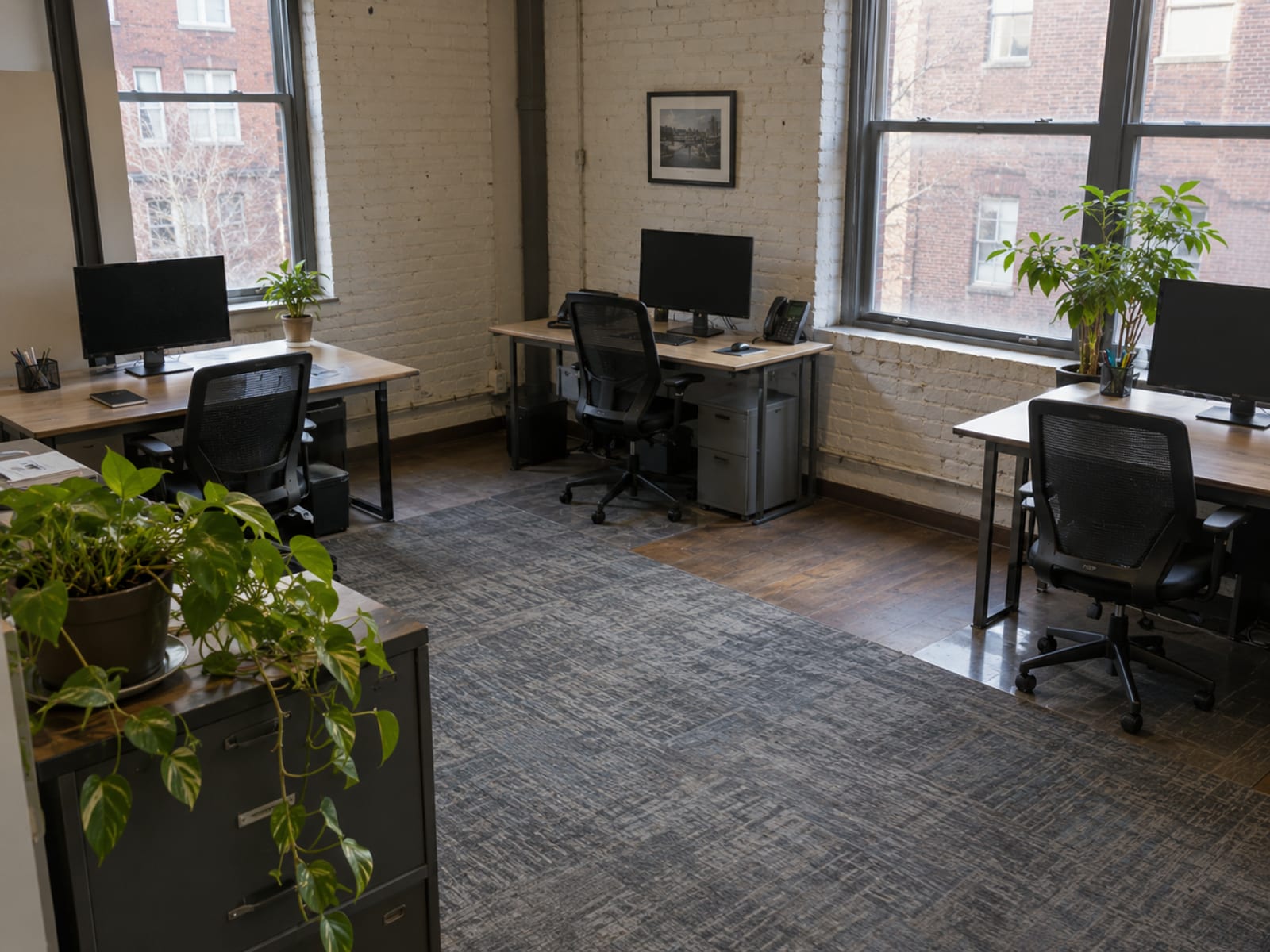 A small office with a few empty desks, chairs and potted plants in soft morning light