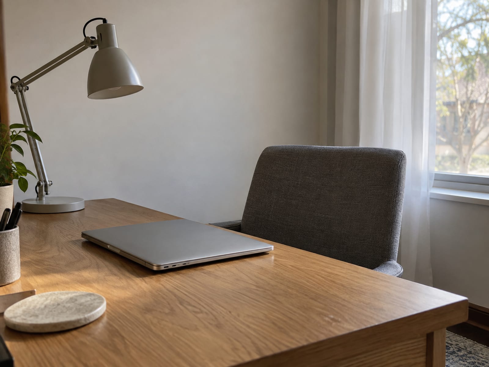 A tidy office desk with a closed laptop, a desk lamp and a pushed-in chair, waiting for its occupant
