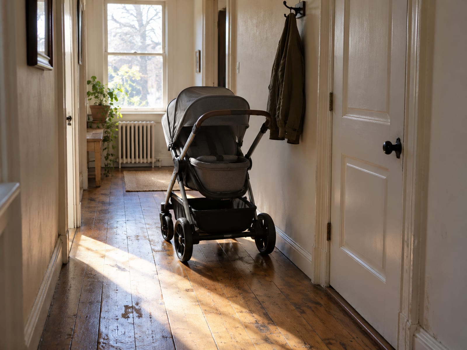 An empty baby stroller parked in a sunny apartment hallway beside a closed door