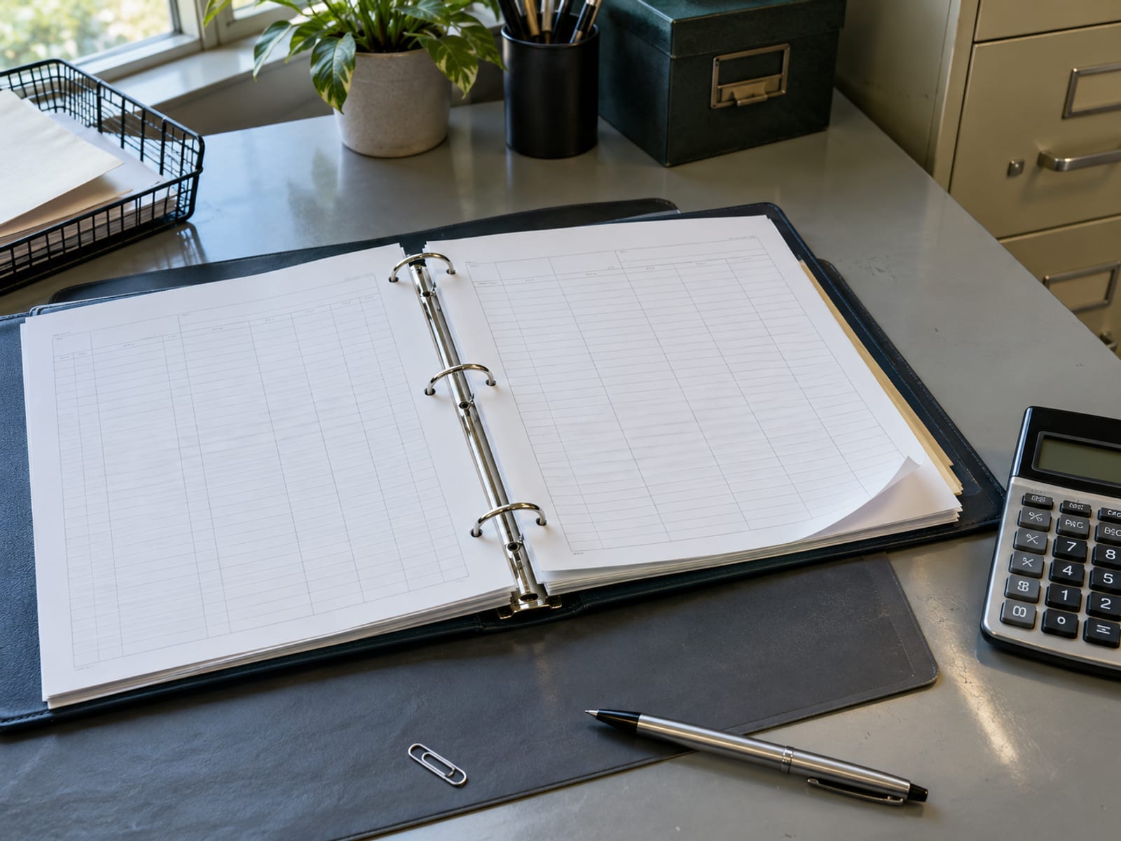 A payroll binder of blank forms, a calculator and a pen on an office desk