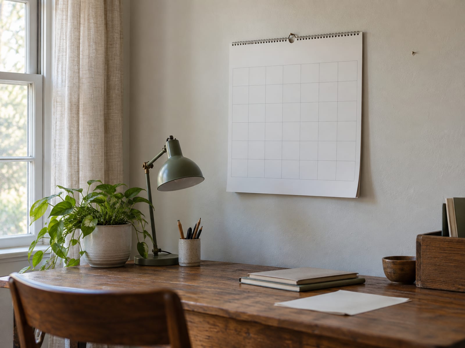 A wall calendar with blank pages beside a window in a quiet home office